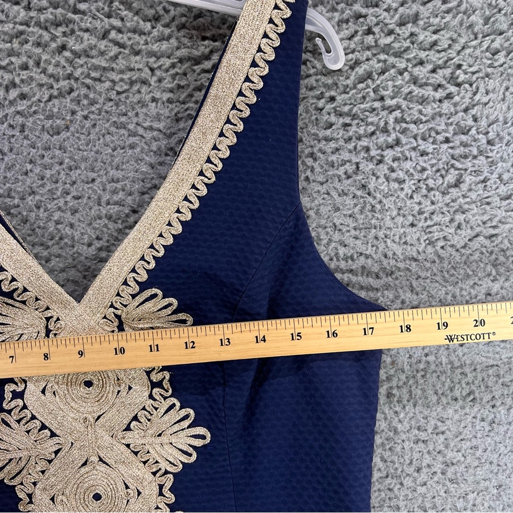 Lilly Pulitzer Junie True Shift Dress Sz 8 Blue/Gold V-Neck Nautical Resortwear - Picture 7 of 15